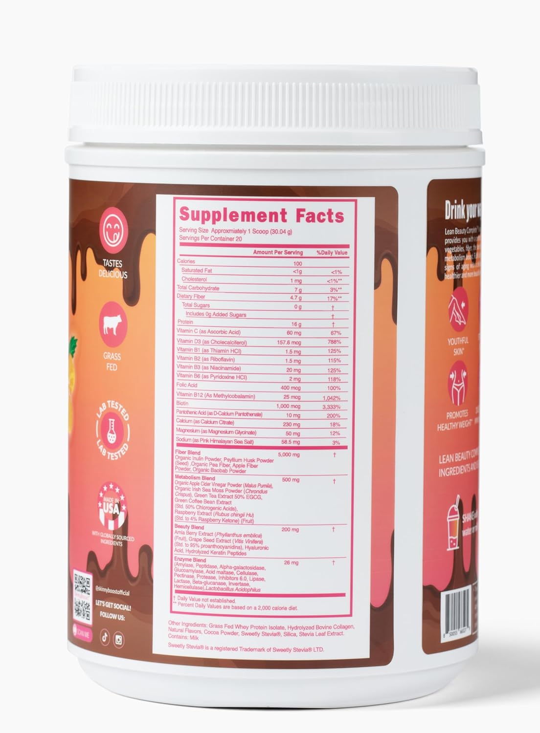 SkinnyBoost Lean Beauty Shake Protein Powder - Chocolate Flavor - Grass-Fed Whey Protein, Hydrolyzed Collagen, Beauty Ingredients, Vitamins, Metabolism Support - Natural, Sugar-Free - 20 Servings - USA Made