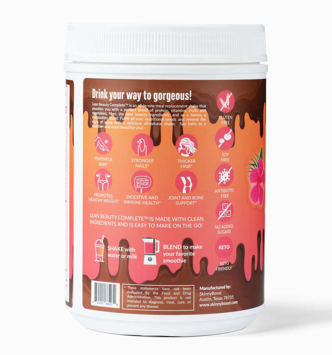 SkinnyBoost Lean Beauty Shake Protein Powder - Chocolate Flavor - Grass-Fed Whey Protein, Hydrolyzed Collagen, Beauty Ingredients, Vitamins, Metabolism Support - Natural, Sugar-Free - 20 Servings - USA Made