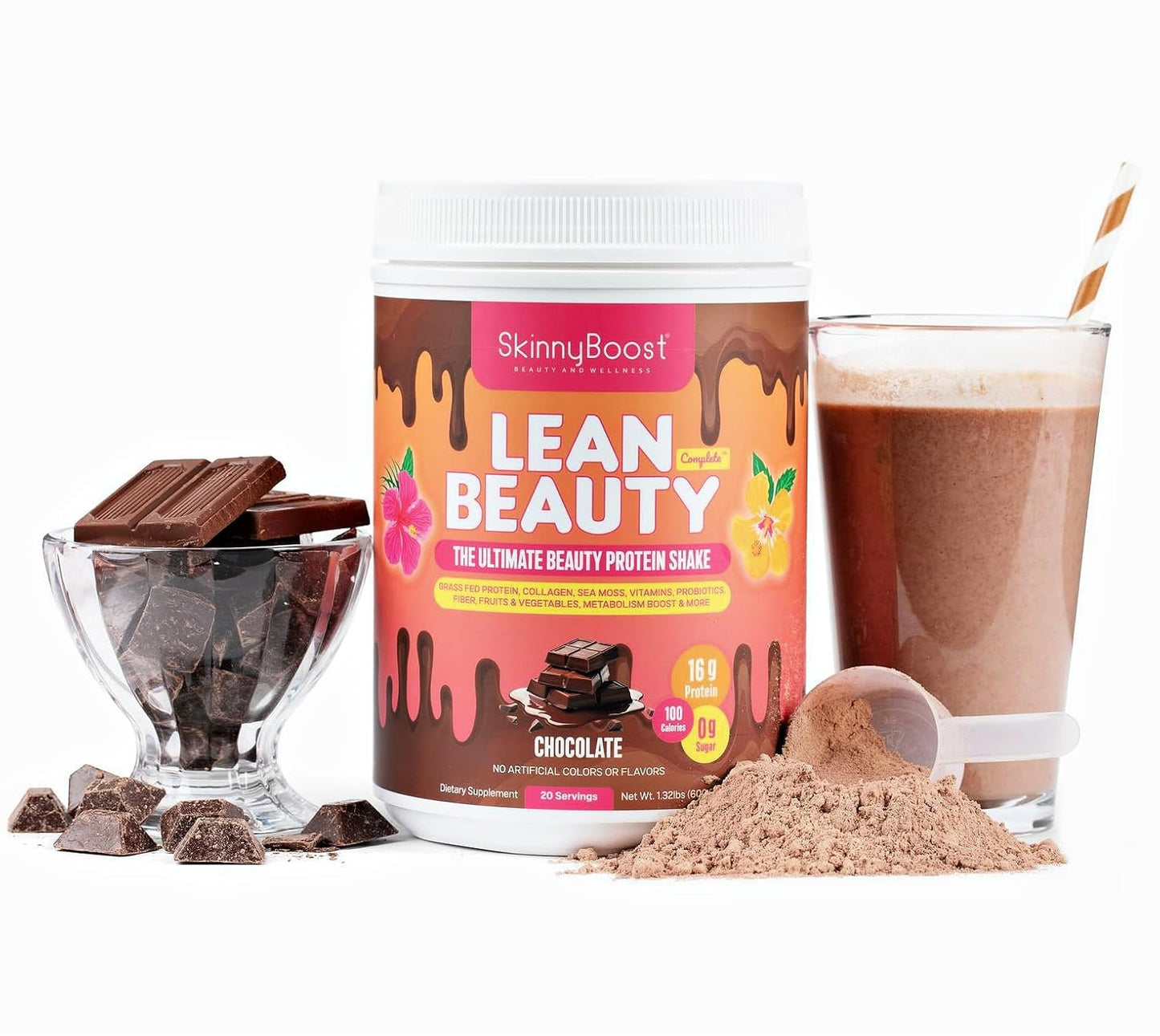 SkinnyBoost Lean Beauty Shake Protein Powder - Chocolate Flavor - Grass-Fed Whey Protein, Hydrolyzed Collagen, Beauty Ingredients, Vitamins, Metabolism Support - Natural, Sugar-Free - 20 Servings - USA Made
