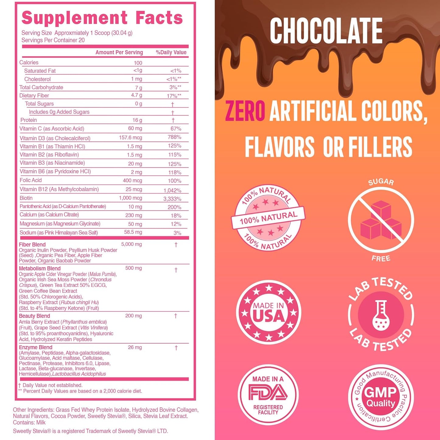 SkinnyBoost Lean Beauty Shake Protein Powder - Chocolate Flavor - Grass-Fed Whey Protein, Hydrolyzed Collagen, Beauty Ingredients, Vitamins, Metabolism Support - Natural, Sugar-Free - 20 Servings - USA Made