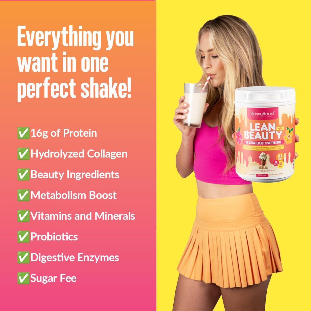 SkinnyBoost Lean Beauty Shake Protein Powder - Chocolate Flavor - Grass-Fed Whey Protein, Hydrolyzed Collagen, Beauty Ingredients, Vitamins, Metabolism Support - Natural, Sugar-Free - 20 Servings - USA Made