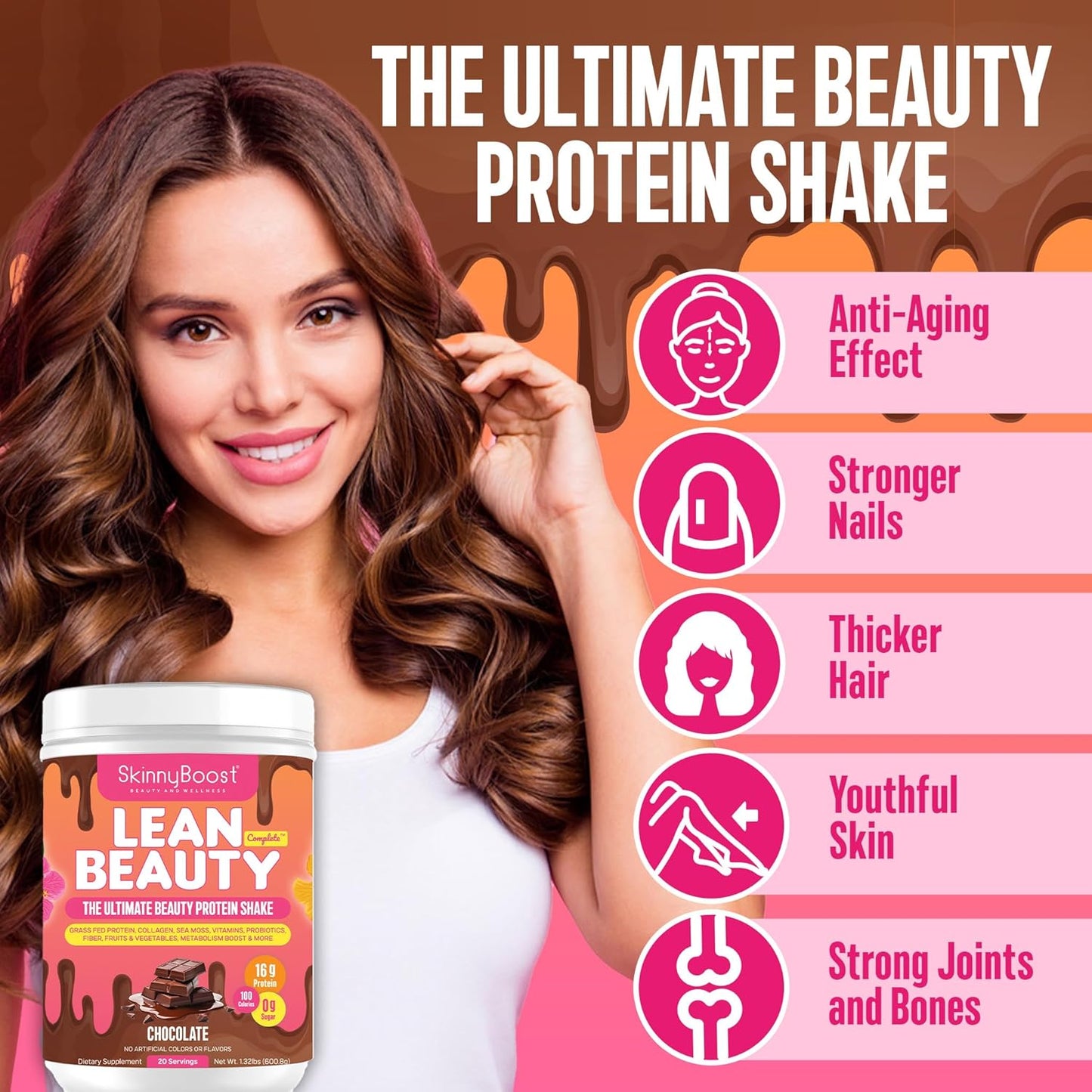 SkinnyBoost Lean Beauty Shake Protein Powder - Chocolate Flavor - Grass-Fed Whey Protein, Hydrolyzed Collagen, Beauty Ingredients, Vitamins, Metabolism Support - Natural, Sugar-Free - 20 Servings - USA Made