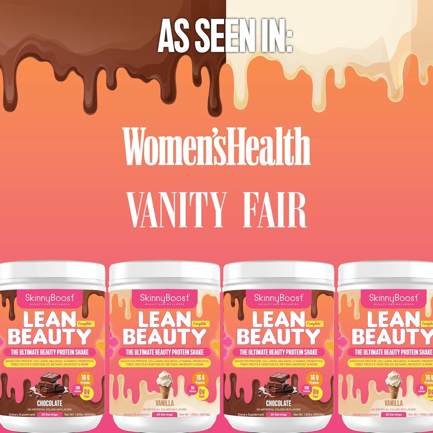 SkinnyBoost Lean Beauty Shake Protein Powder - Chocolate Flavor - Grass-Fed Whey Protein, Hydrolyzed Collagen, Beauty Ingredients, Vitamins, Metabolism Support - Natural, Sugar-Free - 20 Servings - USA Made