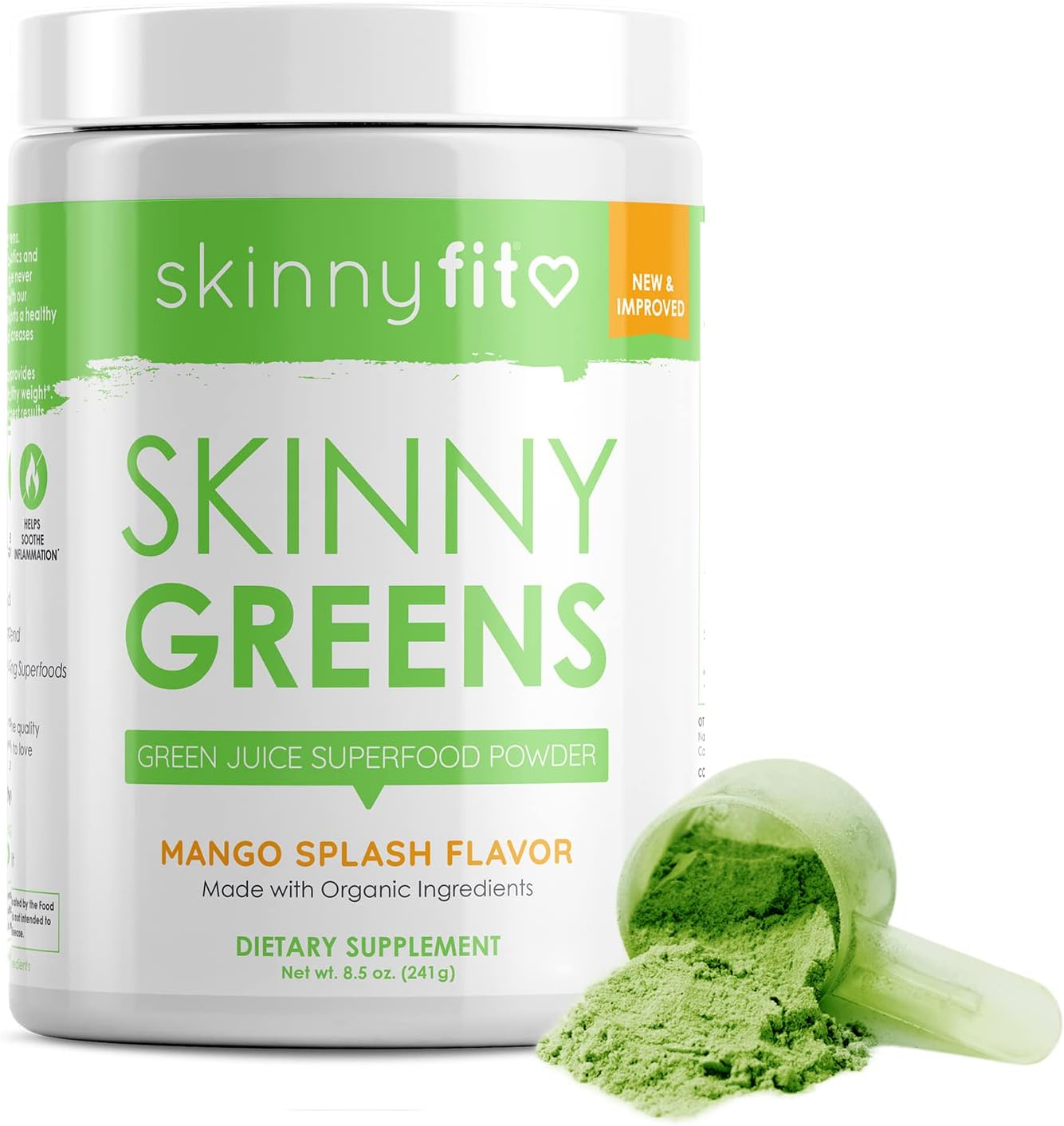 SkinnyFit Mango Splash Skinny Greens Powder - Natural Energy & Focus, Reduce Bloating, Spirulina, Chlorella - 30 Servings