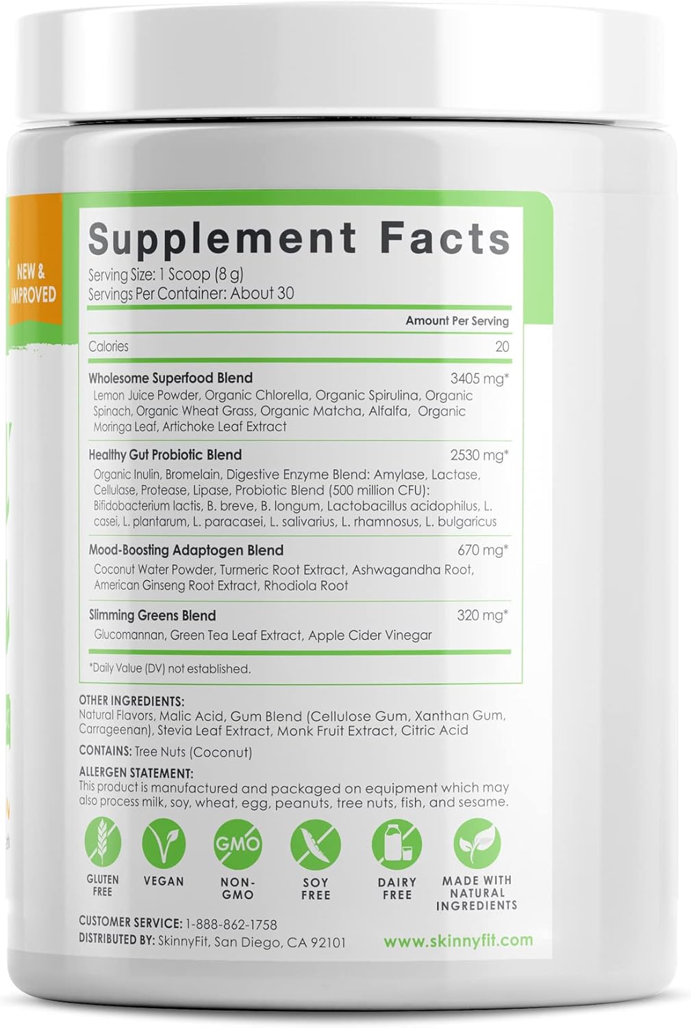SkinnyFit Mango Splash Skinny Greens Powder - Natural Energy & Focus, Reduce Bloating, Spirulina, Chlorella - 30 Servings