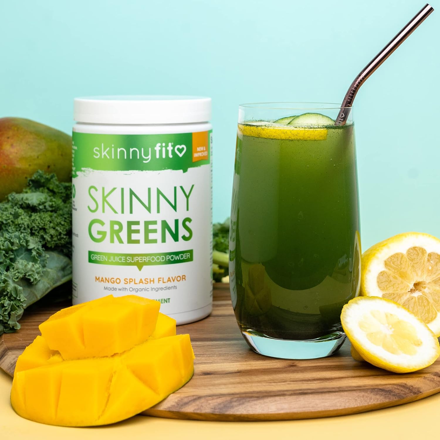 SkinnyFit Mango Splash Skinny Greens Powder - Natural Energy & Focus, Reduce Bloating, Spirulina, Chlorella - 30 Servings