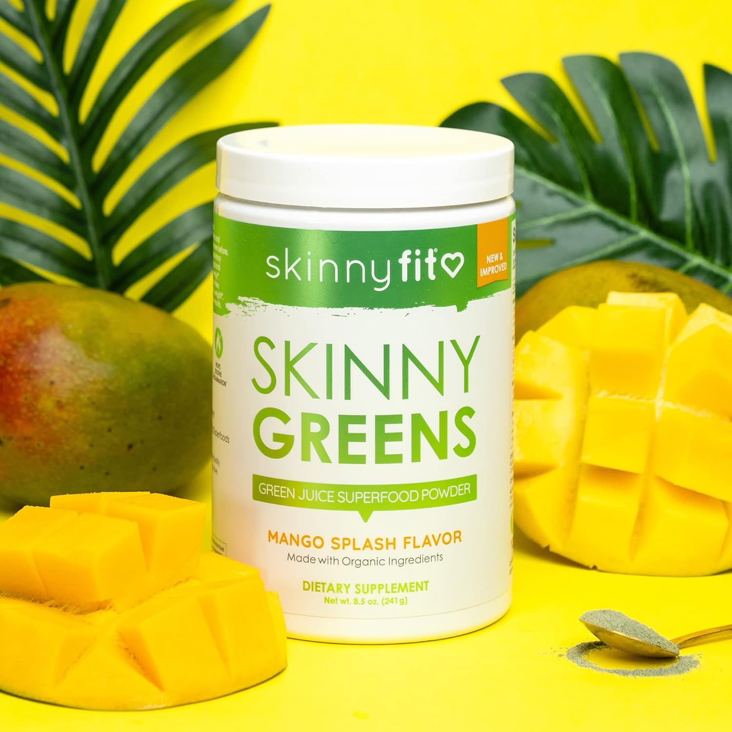 SkinnyFit Mango Splash Skinny Greens Powder - Natural Energy & Focus, Reduce Bloating, Spirulina, Chlorella - 30 Servings