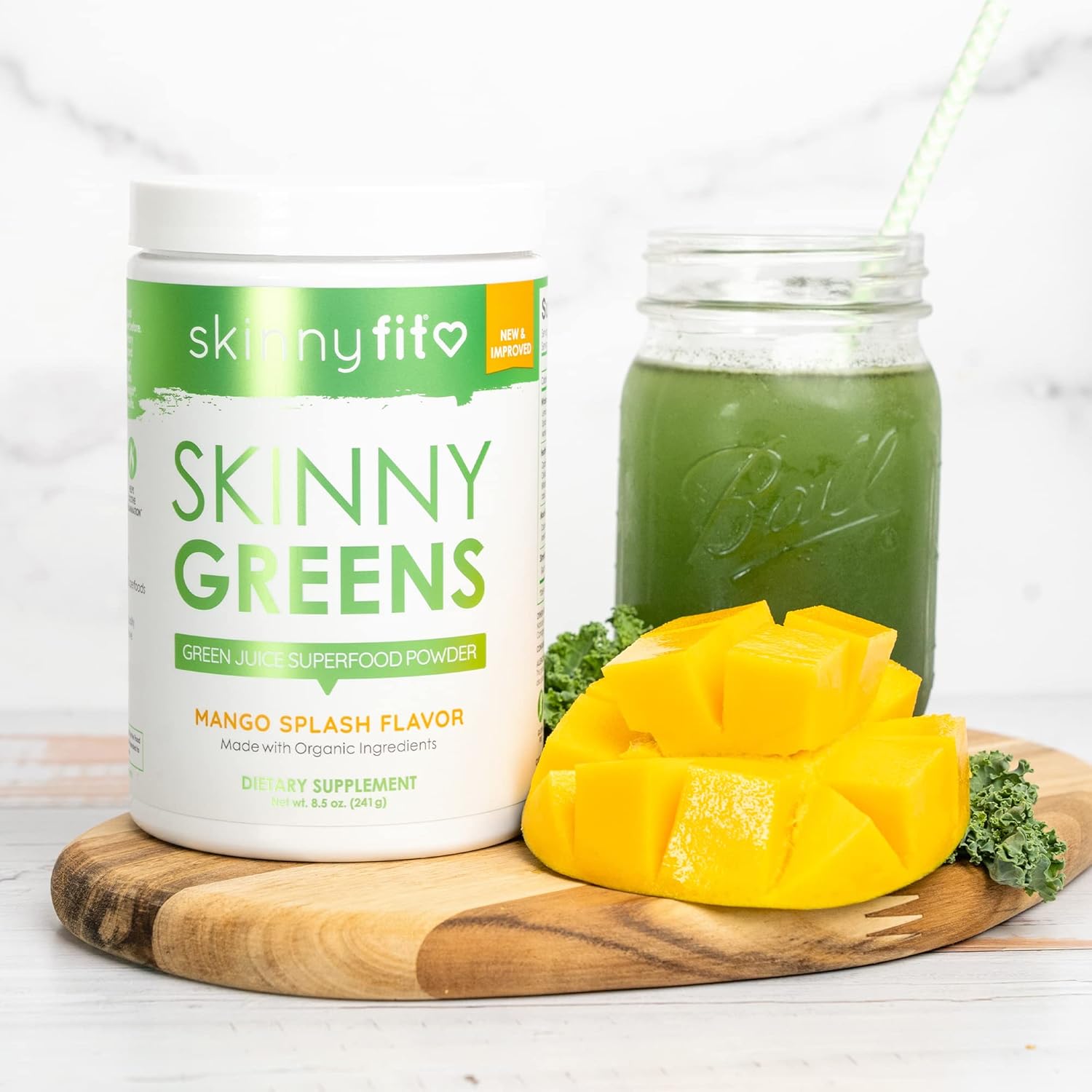 SkinnyFit Mango Splash Skinny Greens Powder - Natural Energy & Focus, Reduce Bloating, Spirulina, Chlorella - 30 Servings