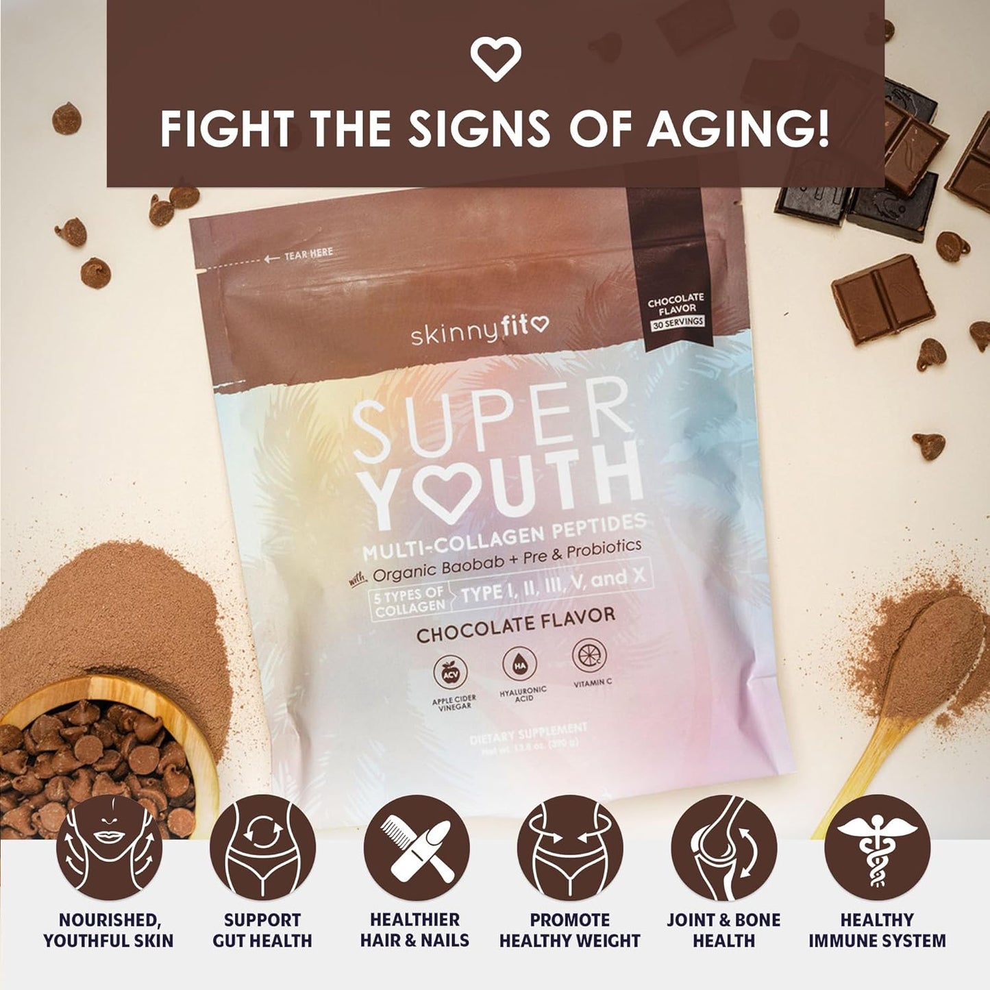 SkinnyFit Super Youth Chocolate Multi-Collagen Peptides with Probiotics, Baobab Fiber, Apple Cider Vinegar, Hyaluronic Acid, and Vitamin C for Skin, Hair, Joint, and Metabolism - 30 Servings