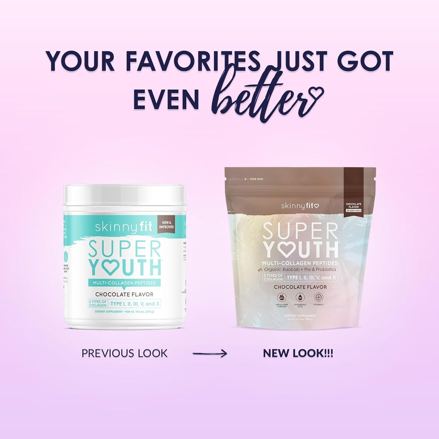SkinnyFit Super Youth Chocolate Multi-Collagen Peptides with Probiotics, Baobab Fiber, Apple Cider Vinegar, Hyaluronic Acid, and Vitamin C for Skin, Hair, Joint, and Metabolism - 30 Servings
