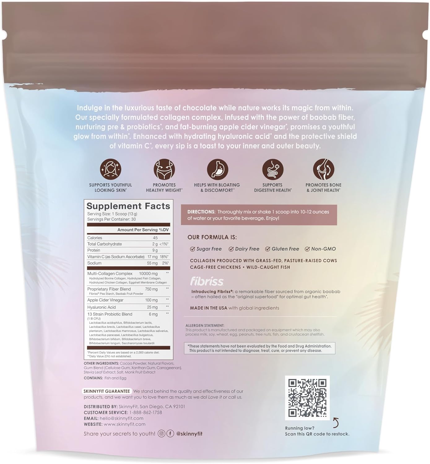 SkinnyFit Super Youth Chocolate Multi-Collagen Peptides with Probiotics, Baobab Fiber, Apple Cider Vinegar, Hyaluronic Acid, and Vitamin C for Skin, Hair, Joint, and Metabolism - 30 Servings