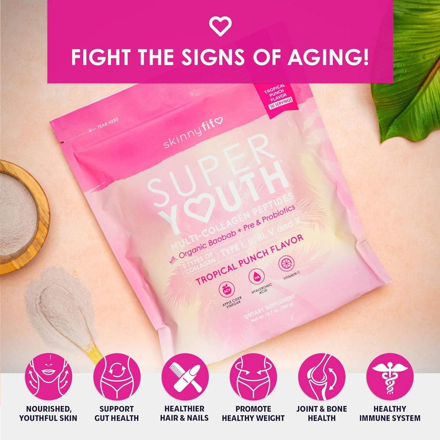 SkinnyFit Super Youth Tropical Punch Collagen Bundle with Bottle - Improve Skin Health and Vitality
