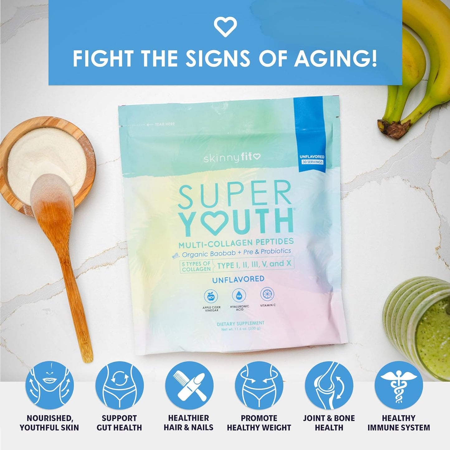 SkinnyFit Super Youth Unflavored Collagen Peptides with Probiotics, Fiber, ACV, Hyaluronic Acid, Vitamin C - Skin, Hair, Joint, Metabolism Support - 30 Servings