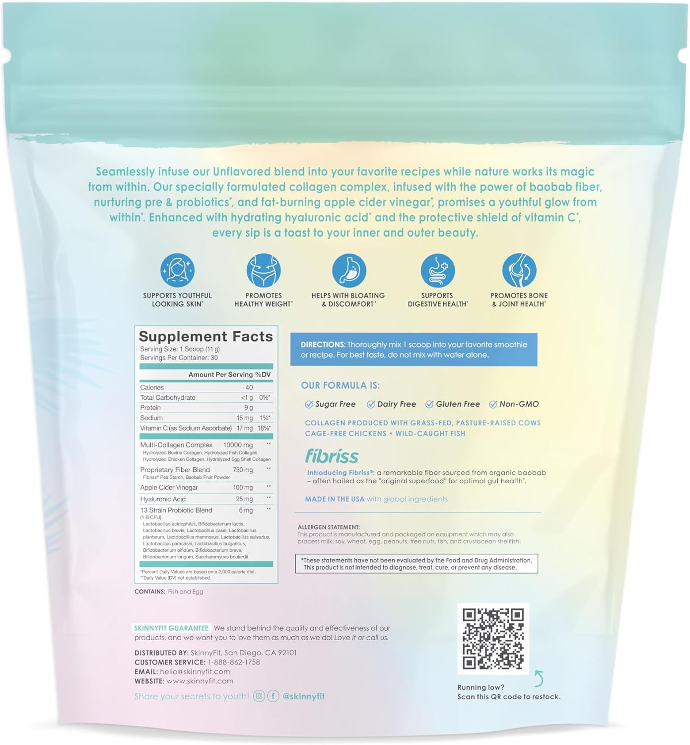 SkinnyFit Super Youth Unflavored Collagen Peptides with Probiotics, Fiber, ACV, Hyaluronic Acid, Vitamin C - Skin, Hair, Joint, Metabolism Support - 30 Servings