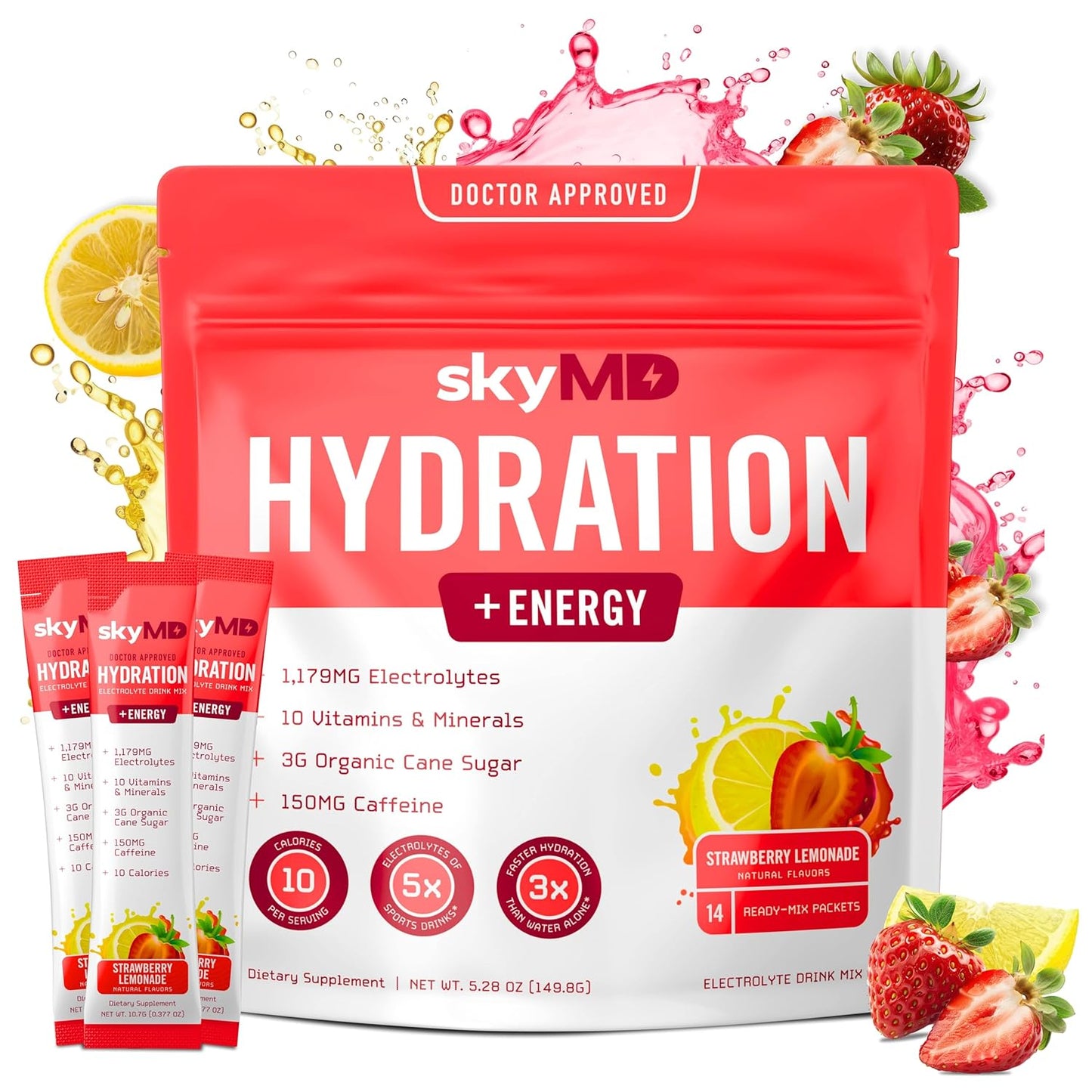 SkyMD Electrolyte Energy Powder Packets - Strawberry Lemonade Flavor | Boosts Focus & Performance | Natural Caffeine & Hydration Support | 14 Sticks