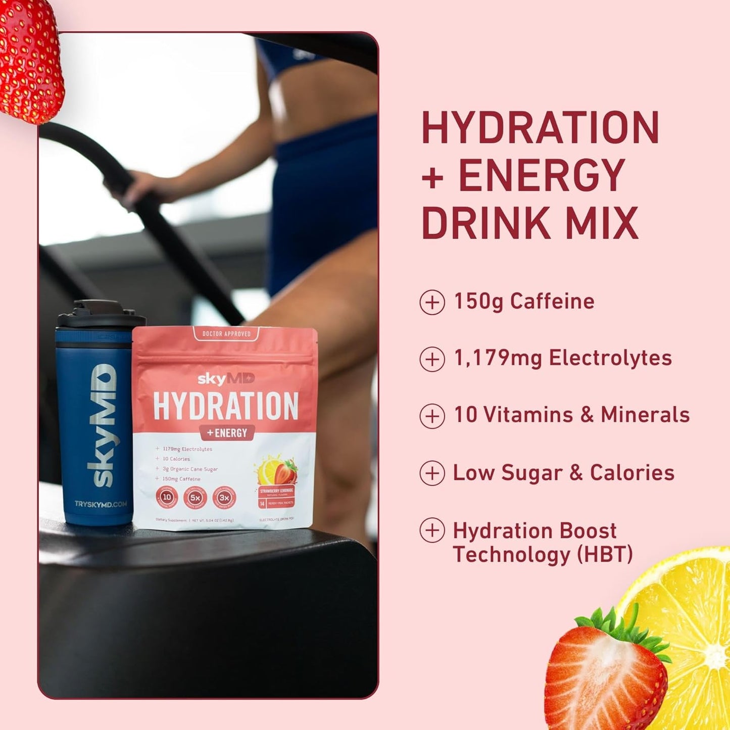 SkyMD Electrolyte Energy Powder Packets - Strawberry Lemonade Flavor | Boosts Focus & Performance | Natural Caffeine & Hydration Support | 14 Sticks