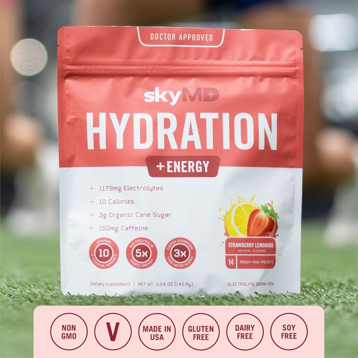 SkyMD Electrolyte Energy Powder Packets - Strawberry Lemonade Flavor | Boosts Focus & Performance | Natural Caffeine & Hydration Support | 14 Sticks
