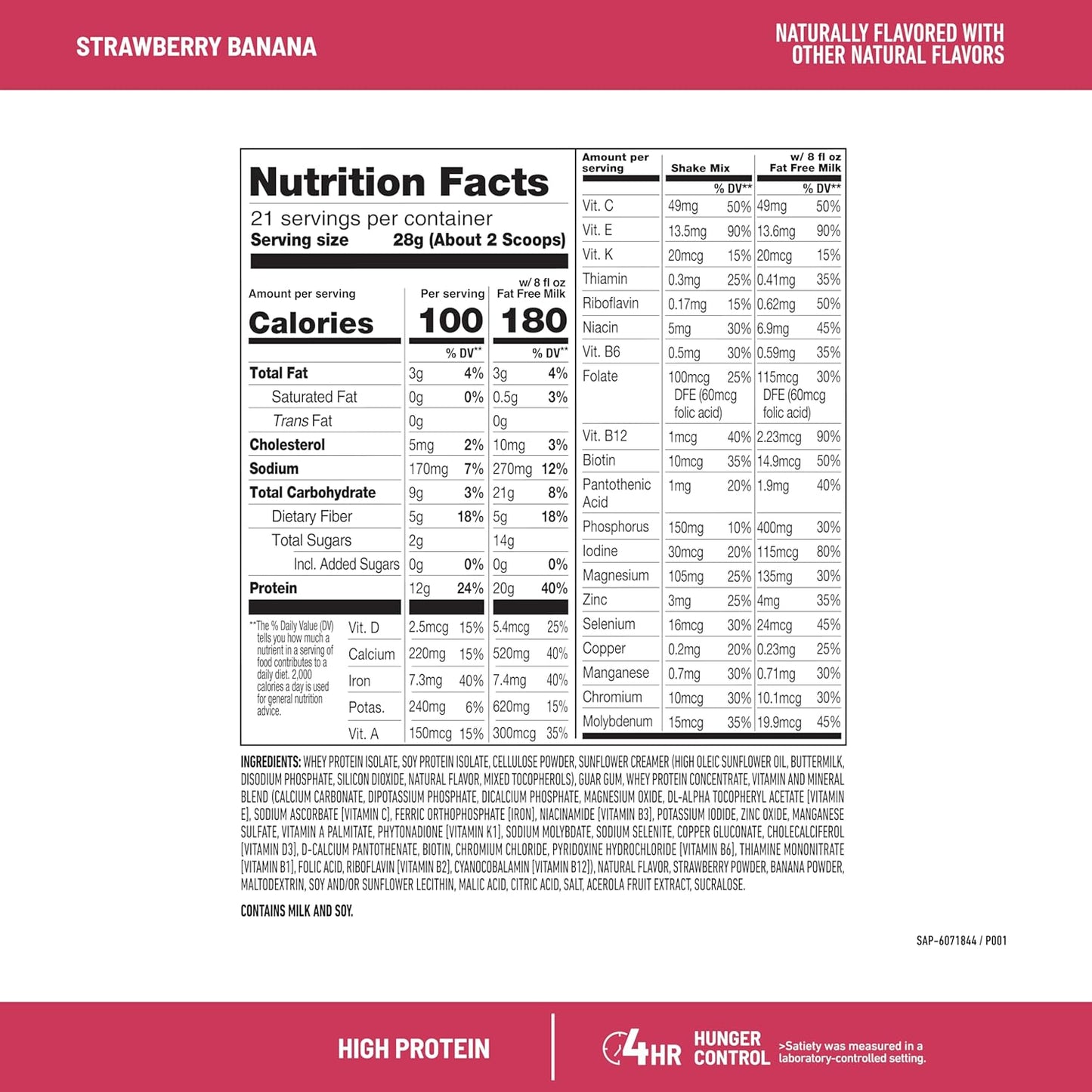 SlimFast High Protein Smoothie Mix Plus Fruit Powder, Strawberry Banana Flavor, 21 Servings, 1.29lbs, Meal Replacement Powder with Fiber and Vitamin C
