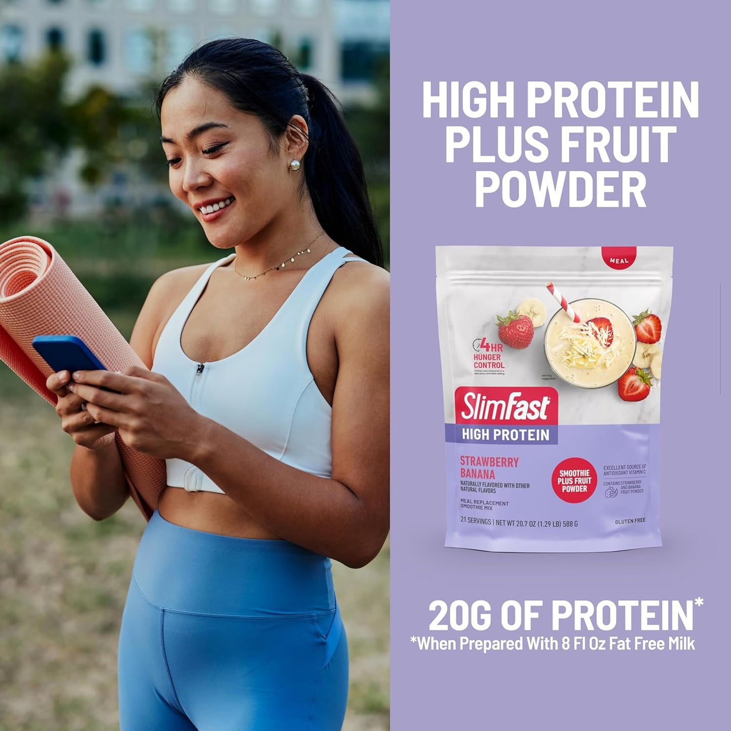 SlimFast High Protein Smoothie Mix Plus Fruit Powder, Strawberry Banana Flavor, 21 Servings, 1.29lbs, Meal Replacement Powder with Fiber and Vitamin C