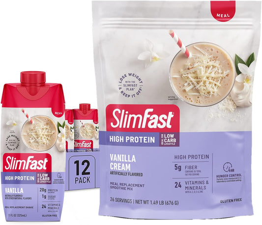 SlimFast High Protein Vanilla Bundle - 12 Count of Meal Replacement Shakes and Powder Mix with 20g Protein per Serving