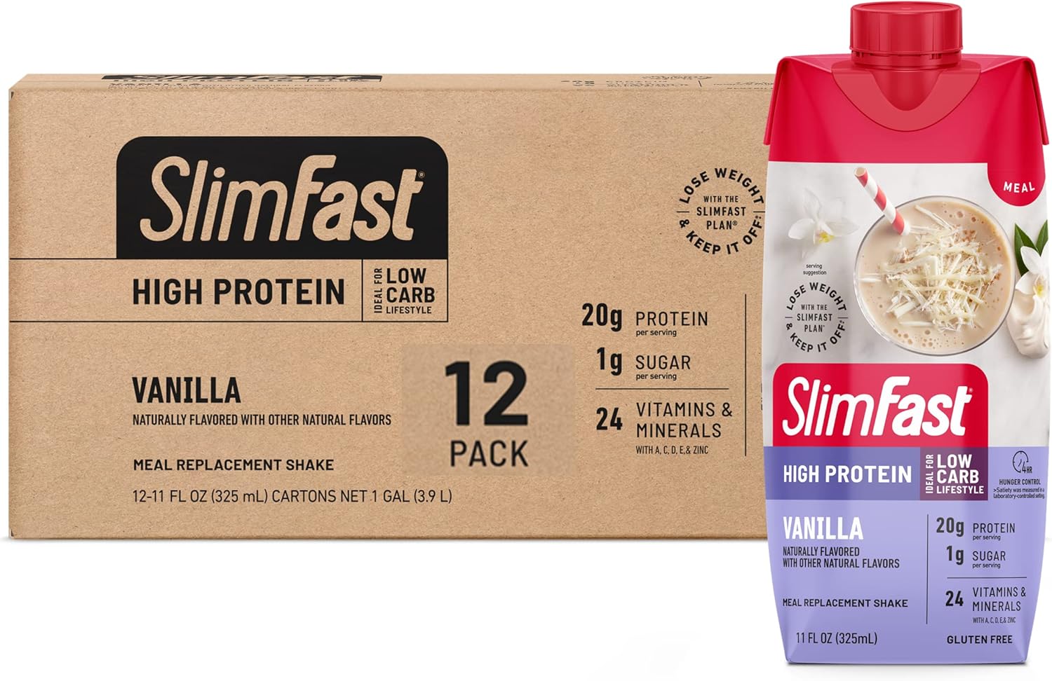 SlimFast High Protein Vanilla Bundle - 12 Count of Meal Replacement Shakes and Powder Mix with 20g Protein per Serving