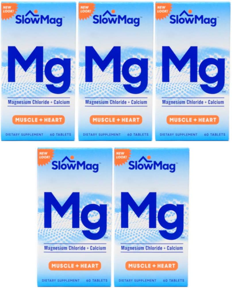 Slow-Mag Magnesium Chloride and Calcium Tablets - Value Pack of 5 (60 Tablets per Bottle)