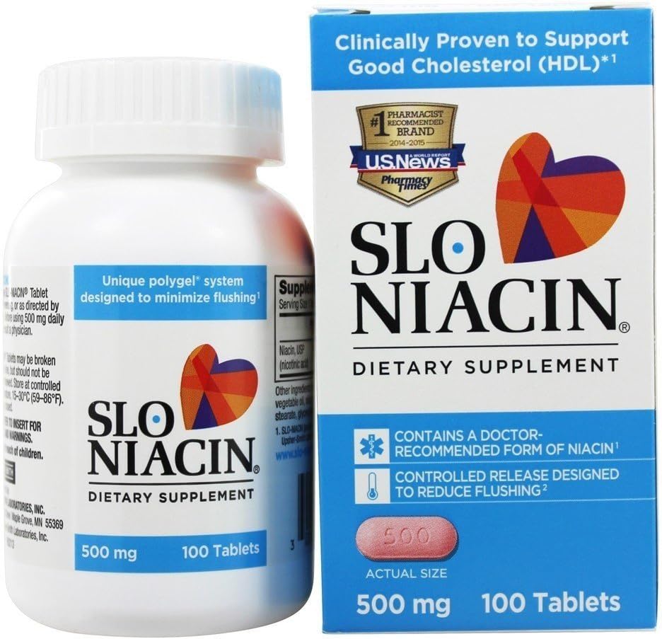 Slow Release Slo-Niacin Vitamin B3 500mg Capsules for Heart Health, Energy, Skin, Blood Sugar - 100 Count