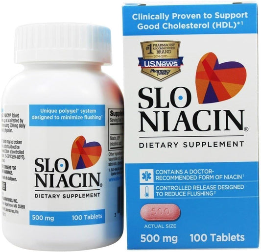 Slow Release Slo-Niacin Vitamin B3 500mg Capsules for Heart Health, Energy, Skin, Blood Sugar - 100 Count