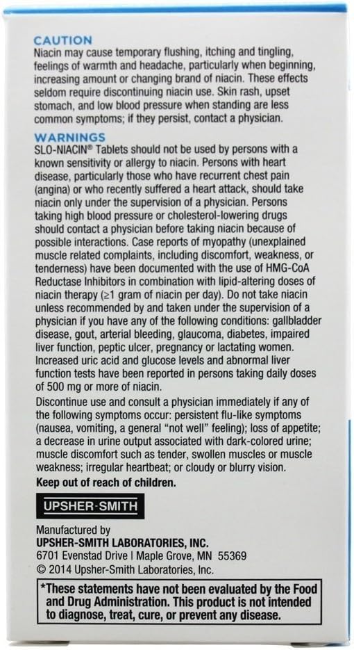 Slow Release Slo-Niacin Vitamin B3 500mg Capsules for Heart Health, Energy, Skin, Blood Sugar - 100 Count