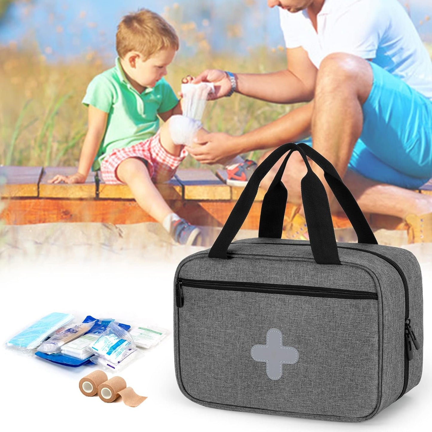 Small Empty First Aid Bag Organizer for Hiking, Camping, Car, Travel, Home - Gray - BAG ONLY