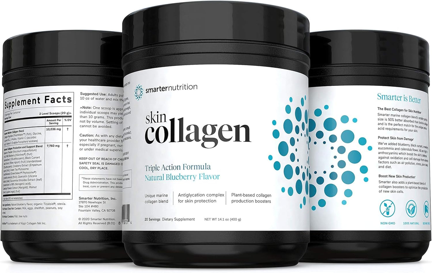 Smarter Nutrition Marine Collagen - Type 1 & 3 Peptides with Herbal Antioxidants - Skin & Hair Health - Vitamin E & C, Green Tea, Berry Powder, Quercetin - 720 Servings