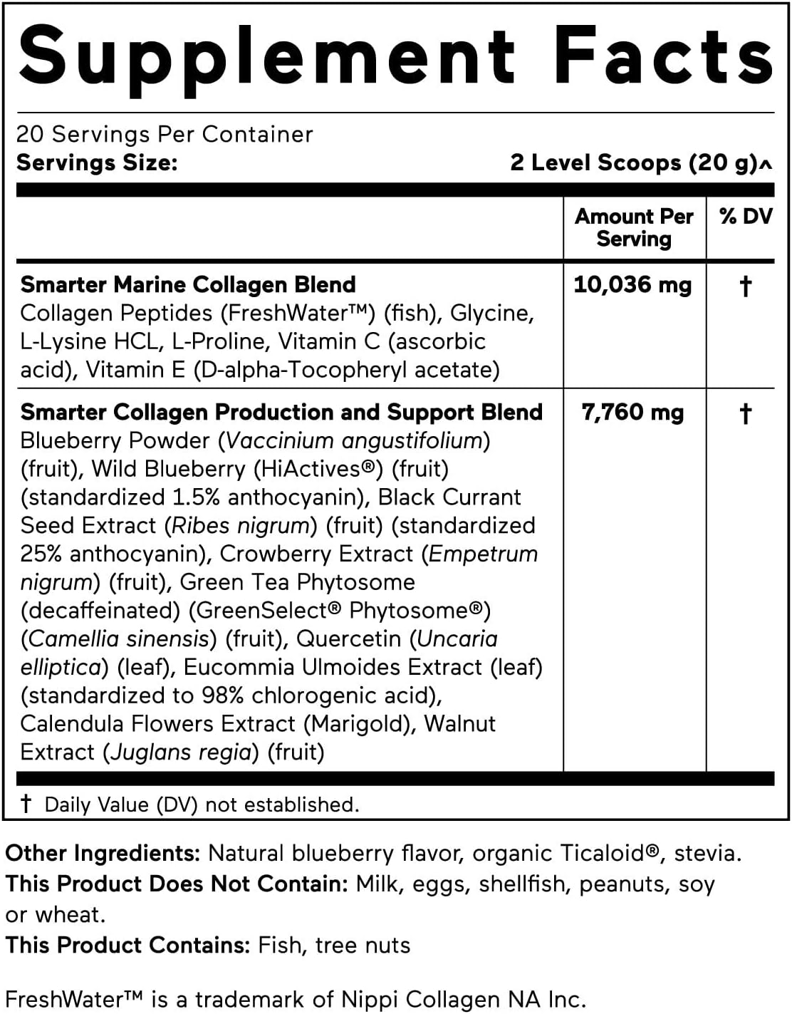 Smarter Nutrition Marine Collagen - Type 1 & 3 Peptides with Herbal Antioxidants - Skin & Hair Health - Vitamin E & C, Green Tea, Berry Powder, Quercetin - 720 Servings