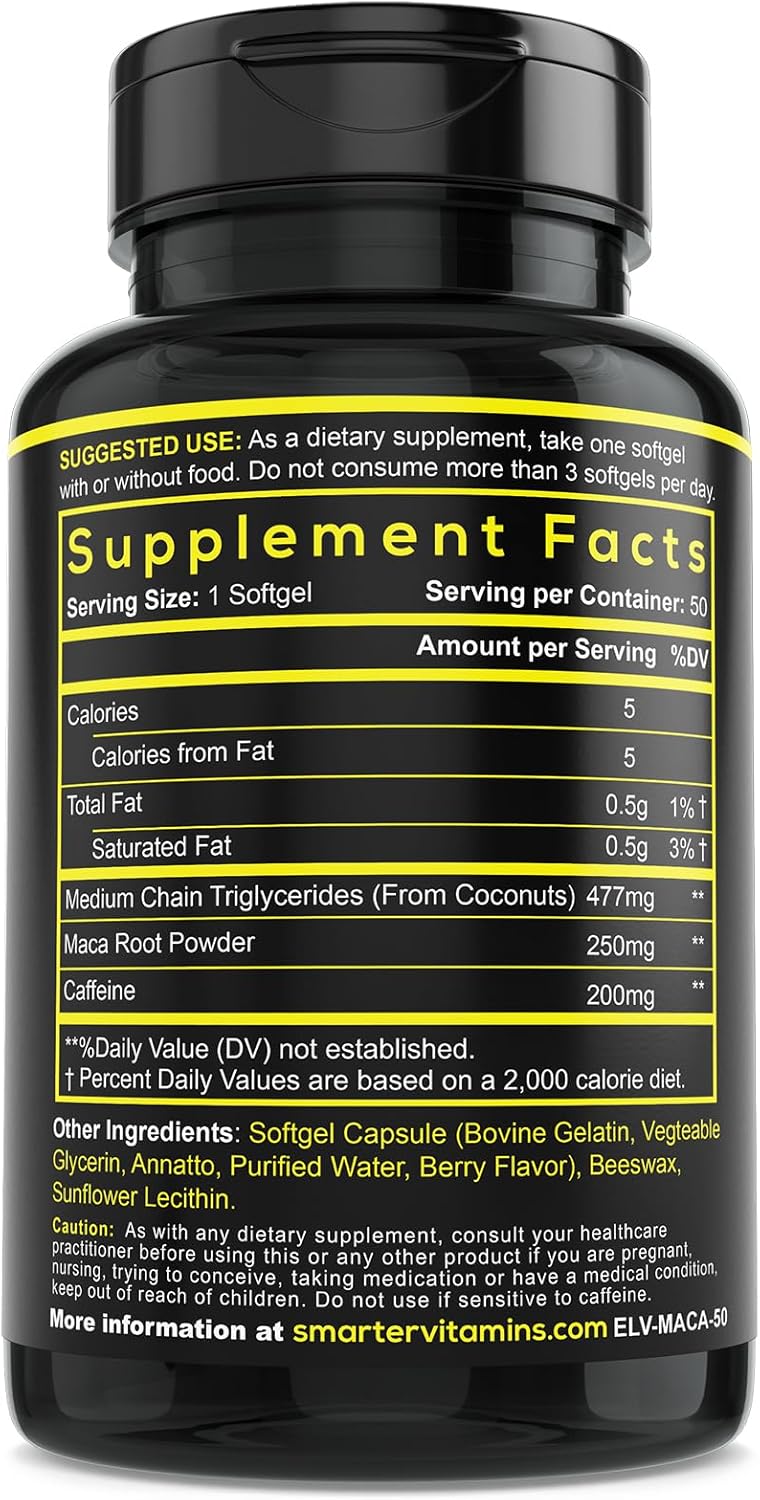 SmarterVitamins Energy Boost Pills with 200mg Caffeine, Coconut MCT Oil, and Maca Root - 50 Softgels