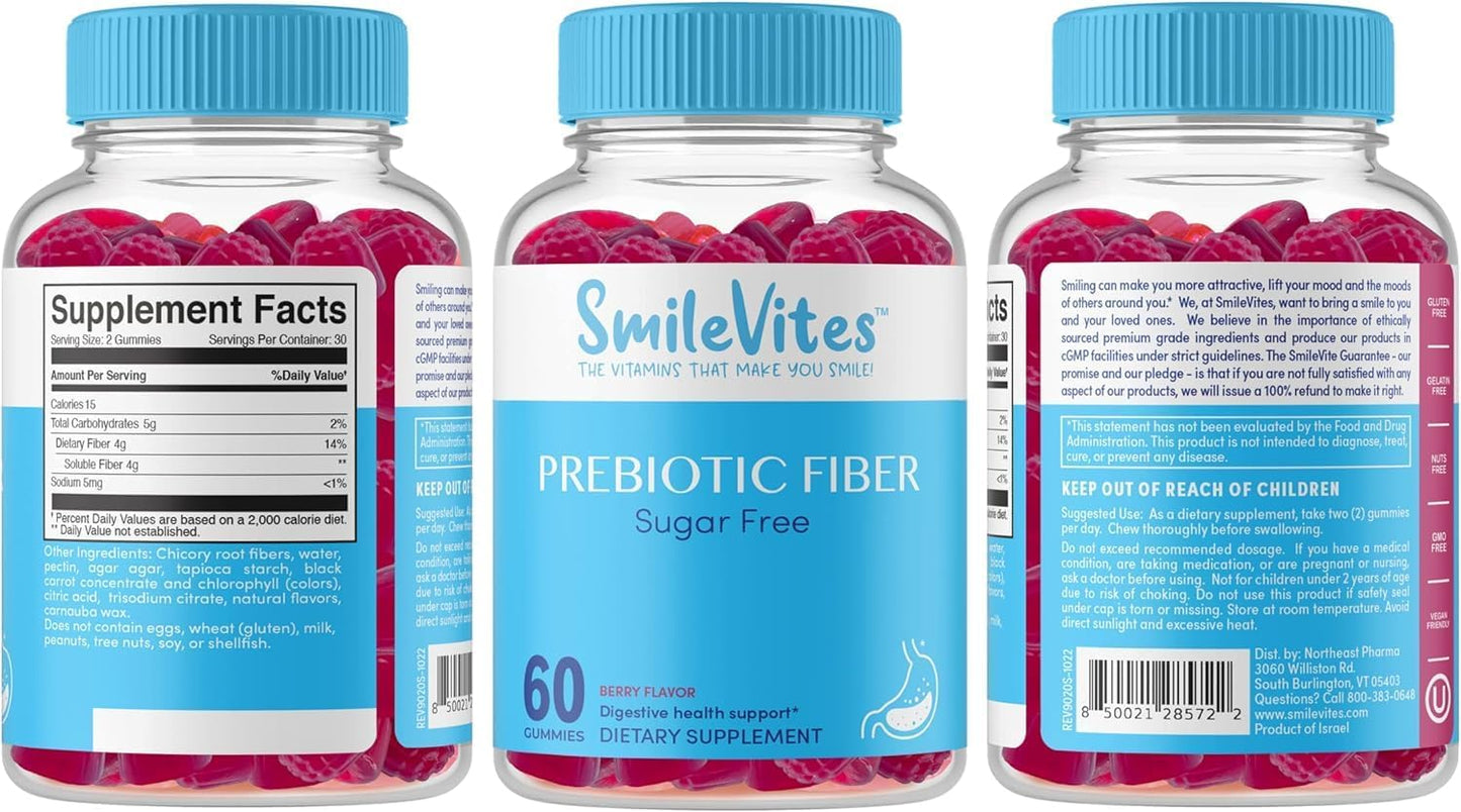 SmileVites Prebiotic Fiber Gummies - Vegan Keto Digestive Health Supplement - 60 Count Vegan Gummies - Berry Flavor Gluten-Free & Non-GMO - Supports Gut Bacteria & Digestive Regularity