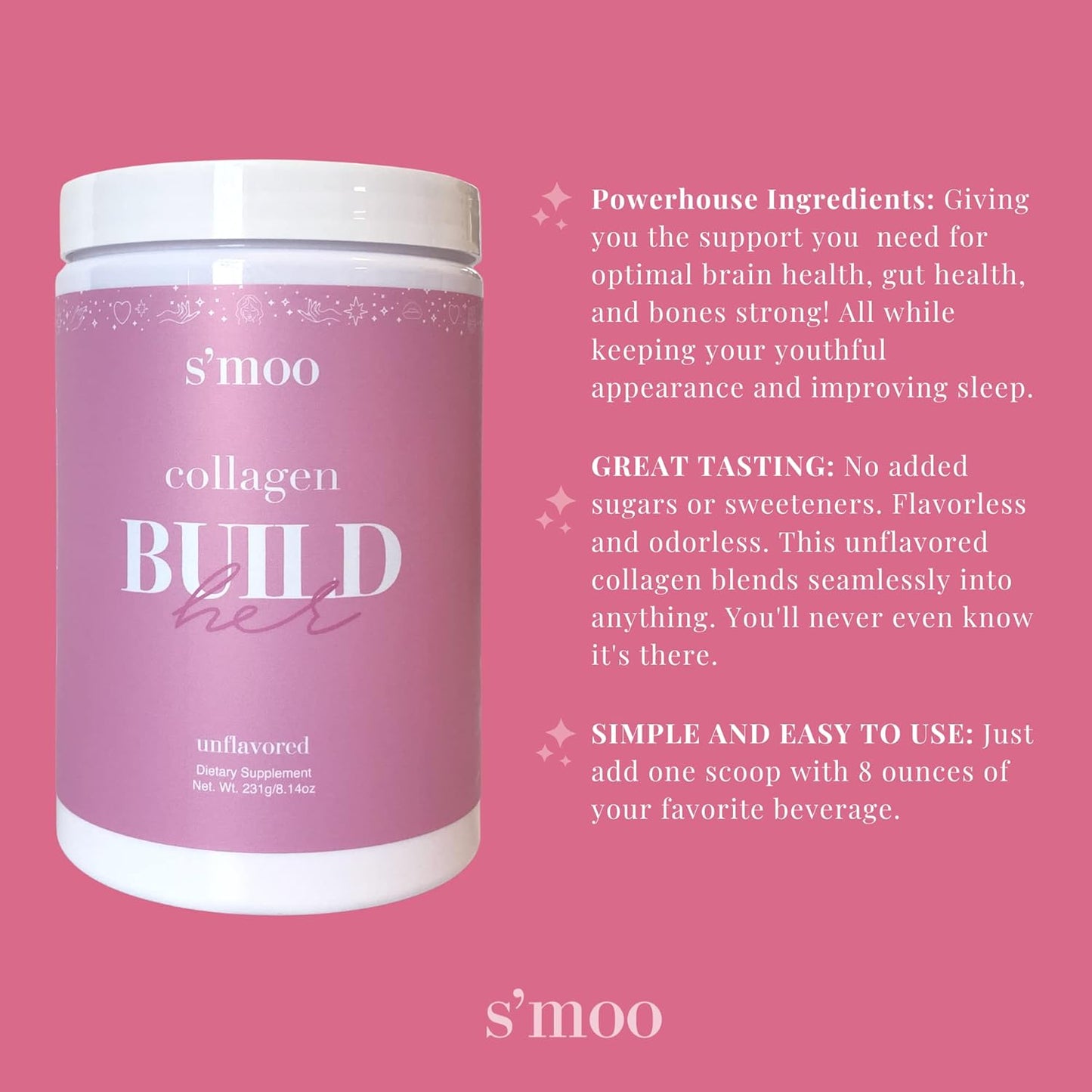 S'moo BUILD(her) Collagen Peptides Powder - Hair, Skin, Nail, and Joint Support - Unflavored - Hydrolyzed Collagen Drink Mix - Gluten-Free - 30 Servings