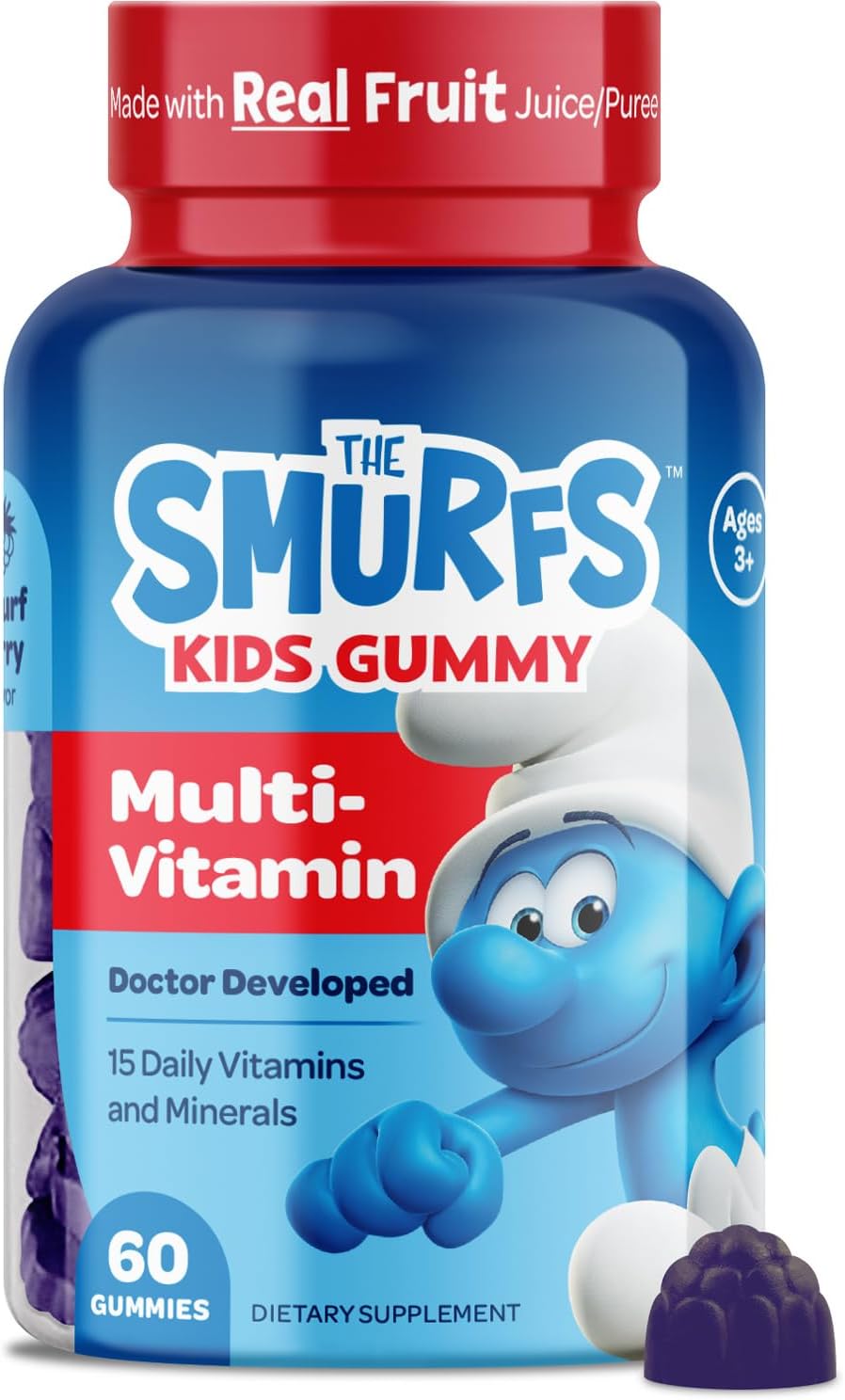 Smurfs Kids Multivitamin Gummies with Real Fruit | Doctor Developed | 15 Essential Vitamins & Minerals | Non-GMO, No Artificial Flavors | 60 Gummies