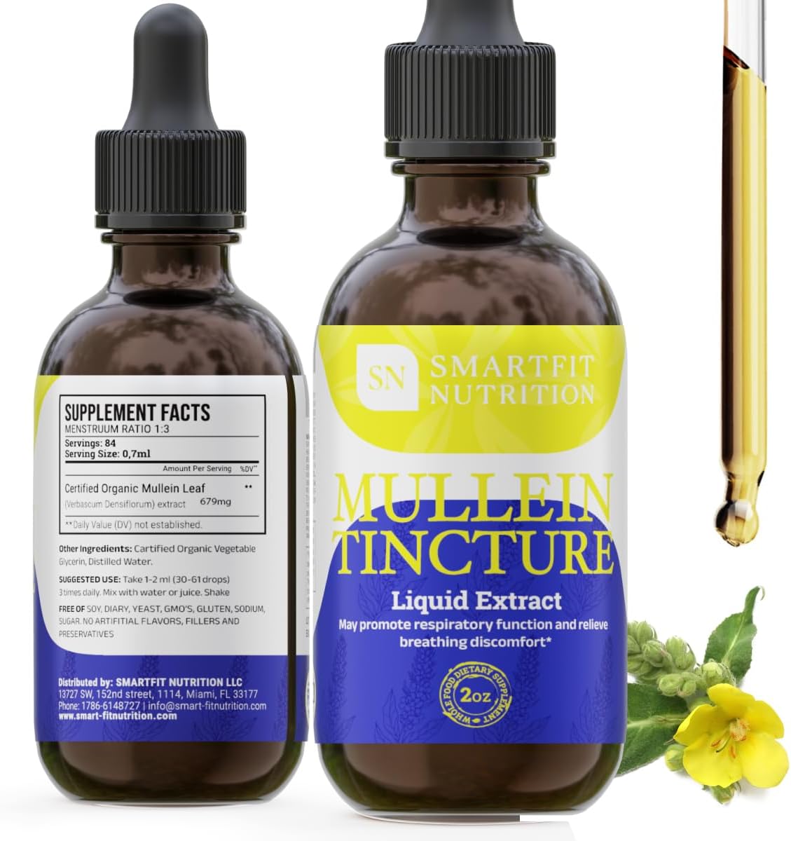 SN SmartFit Nutrition Mullein Leaf Extract Drops - Lung Cleanse & Respiratory Support Supplement - 2 oz Bottle