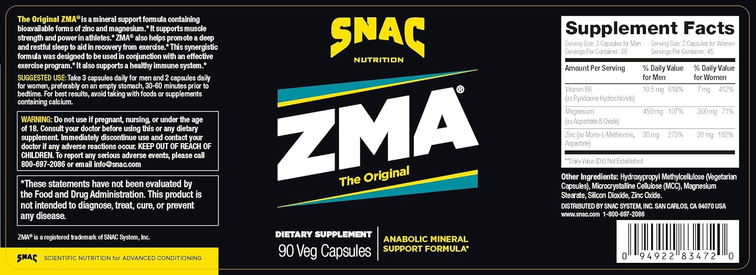 SNAC ZMA Supplement for Muscle Recovery, Immune Support & Restorative Sleep - Zinc, Magnesium & Vitamin B6 - 90 Veggie Capsules - BoostGo Australia