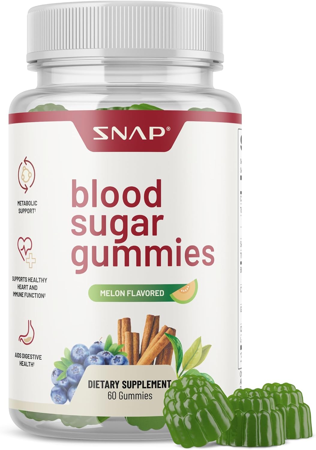 Snap Supplements Blood Sugar Gummies - Chewable Blend with Cinnamon and Blueberry Extract for Healthy Sugar Metabolism - Natural Melon Flavor - 60 Gummies