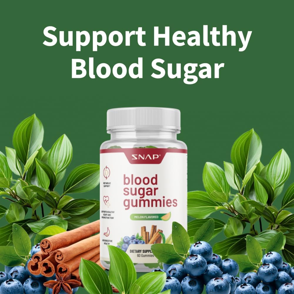 Snap Supplements Blood Sugar Gummies - Chewable Blend with Cinnamon and Blueberry Extract for Healthy Sugar Metabolism - Natural Melon Flavor - 60 Gummies