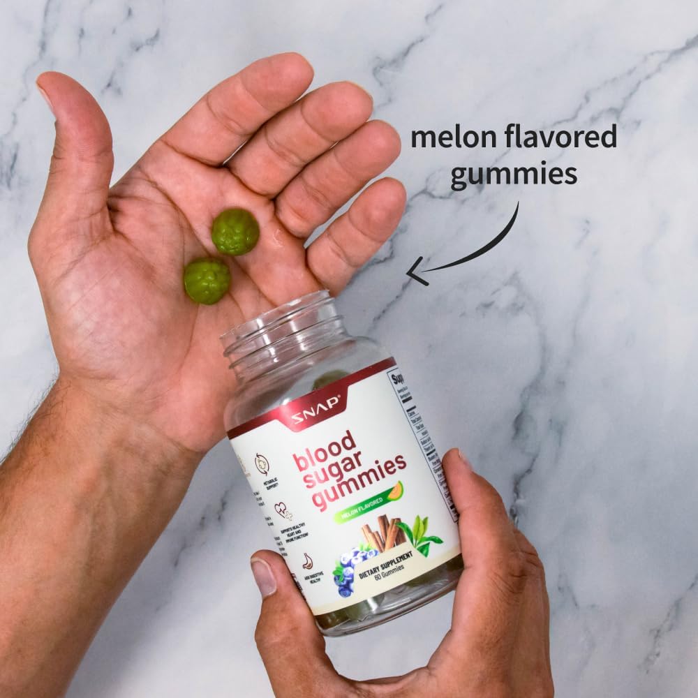 Snap Supplements Blood Sugar Gummies - Chewable Blend with Cinnamon and Blueberry Extract for Healthy Sugar Metabolism - Natural Melon Flavor - 60 Gummies