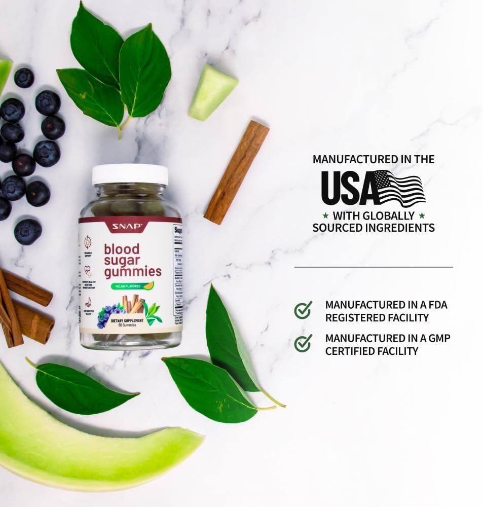 Snap Supplements Blood Sugar Gummies - Chewable Blend with Cinnamon and Blueberry Extract for Healthy Sugar Metabolism - Natural Melon Flavor - 60 Gummies