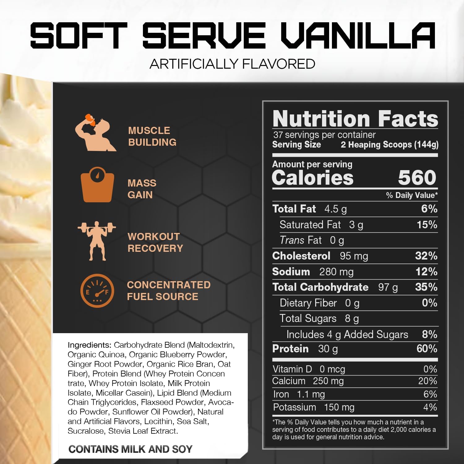 Soft Serve Vanilla Rival Nutrition Clean Gainer Protein Powder - 12lb Size for Lean Muscle Growth and Recovery