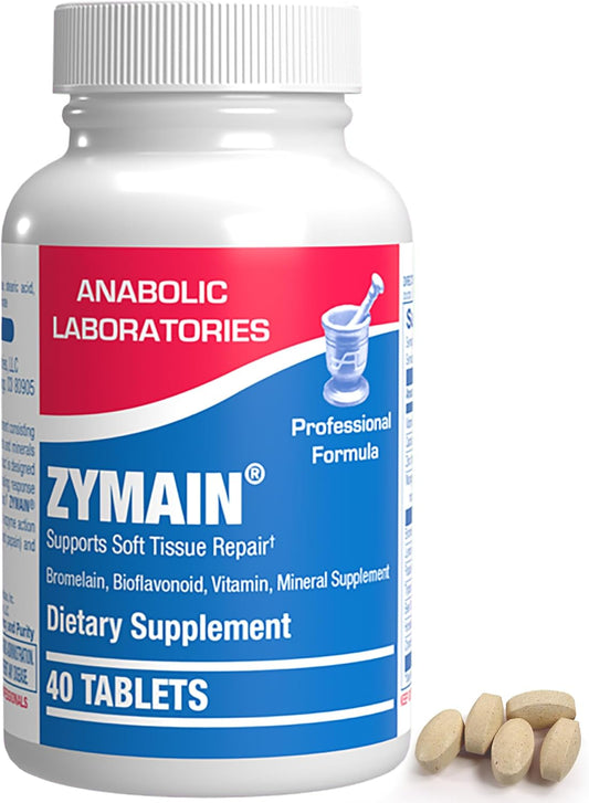 Soft Tissue Support Supplement with Bromelain, Vitamin C, Zinc - 40 Tablets - Acute Injury Recovery Aid - Zymain Proteolytic Enzymes & Minerals
