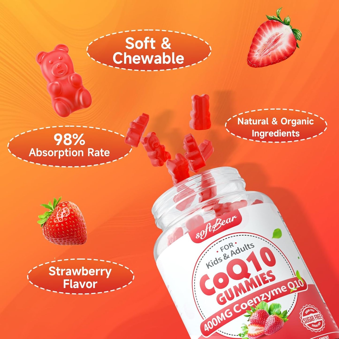 softbear CoQ10 Gummies 400mg Supplement with Omega-3, Magnesium, Vitamin B3, and Zinc - 120 Strawberry Flavored Gummies for Energy & Antioxidant Support