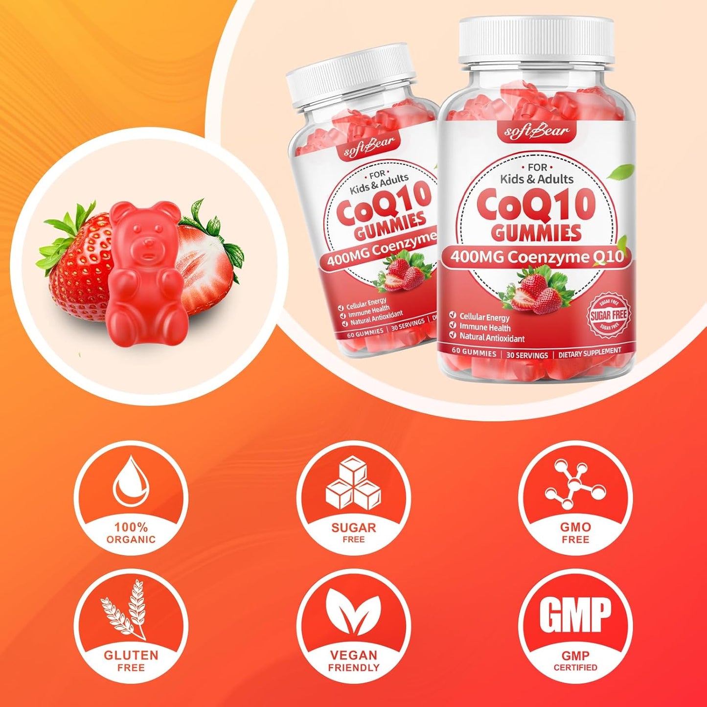 softbear CoQ10 Gummies 400mg Supplement with Omega-3, Magnesium, Vitamin B3, and Zinc - 120 Strawberry Flavored Gummies for Energy & Antioxidant Support