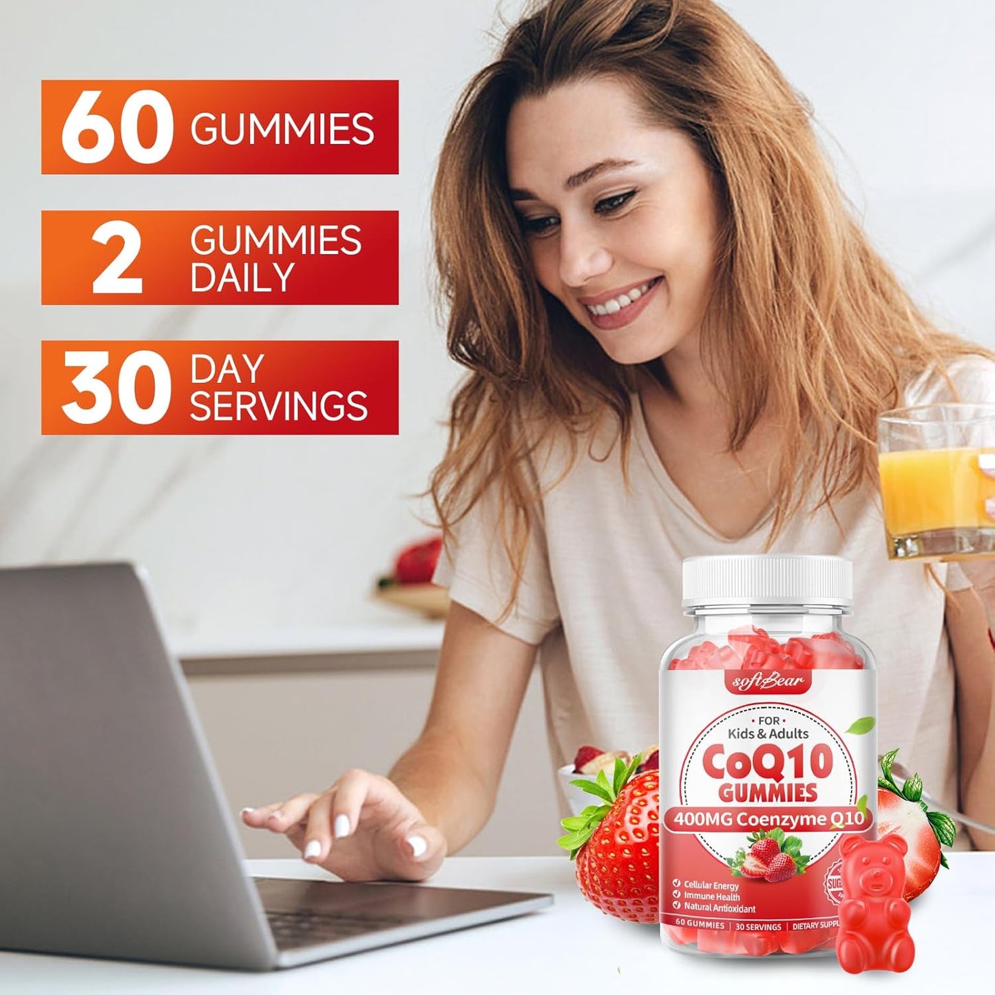 softbear CoQ10 Gummies 400mg Supplement with Omega-3, Magnesium, Vitamin B3, and Zinc - 120 Strawberry Flavored Gummies for Energy & Antioxidant Support