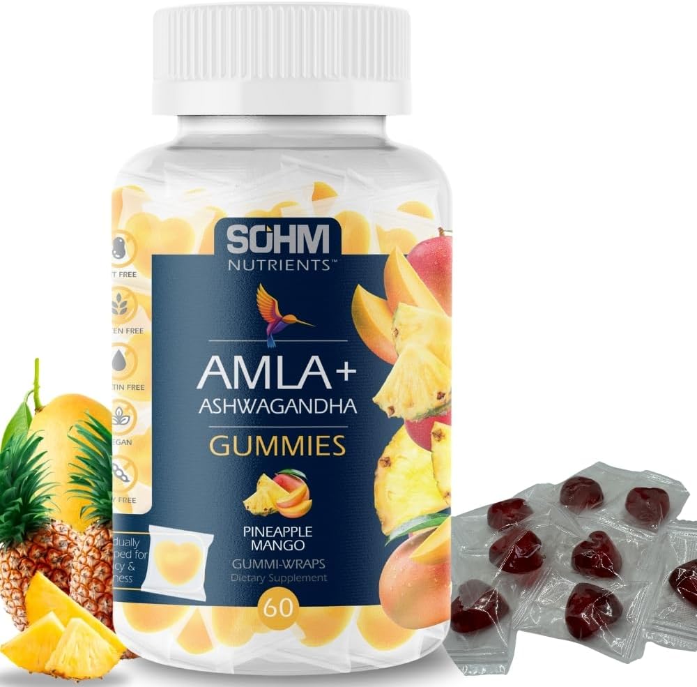 SOHM Amla and Ashwagandha Gummies for Immune Health - Individually Wrapped, Vegetarian Pineapple Mango Gummies for Men and Women