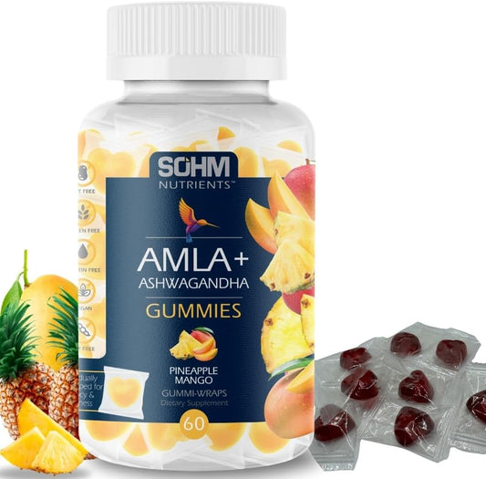 SOHM Amla and Ashwagandha Gummies for Immune Health - Individually Wrapped, Vegetarian Pineapple Mango Gummies for Men and Women