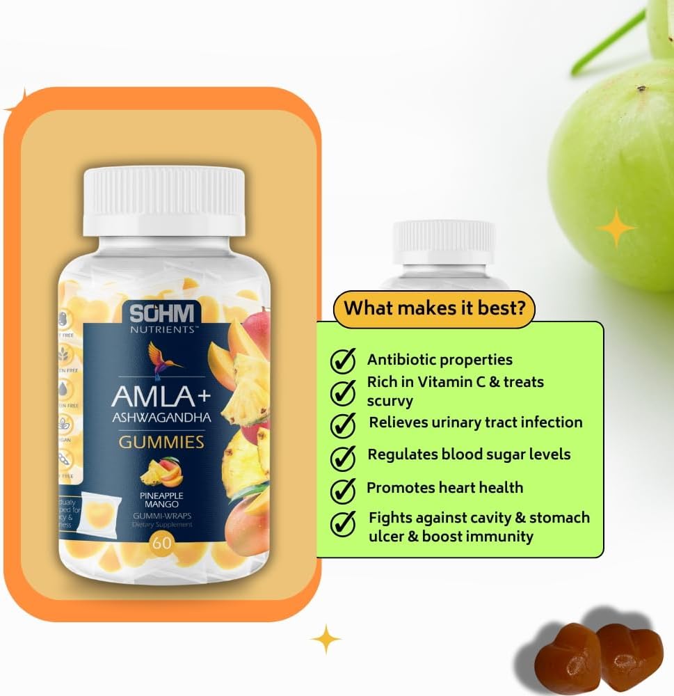 SOHM Amla and Ashwagandha Gummies for Immune Health - Individually Wrapped, Vegetarian Pineapple Mango Gummies for Men and Women